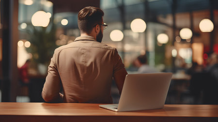 Back view of a young businessman using a laptop while sitting in a cafeの素材