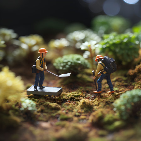 Miniature people : Traveler and hiker standing on the moss.の素材