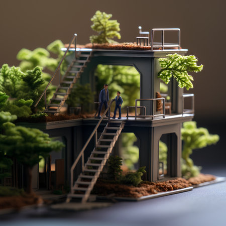 Miniature people: Businessman standing on the top of the building with plant.の素材