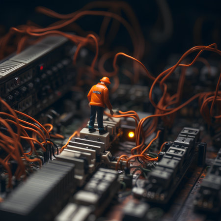 Miniature engineer standing on the mainboard of the computer. Conceptual image.の素材