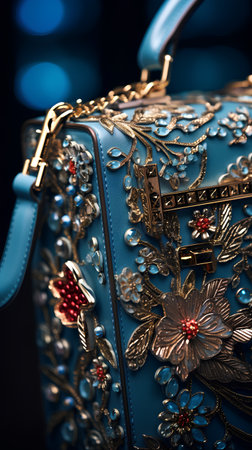 Blue luxury handbag on a dark background. Close-up.の素材