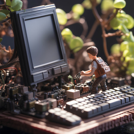 Miniature people: Traveler standing on the motherboard of the computer.の素材