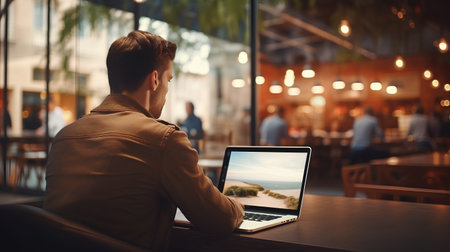 back view of man with laptop sitting in cafe and looking at cityの素材