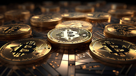 Bitcoin. Cryptocurrency. Golden coins. 3D illustration.の素材