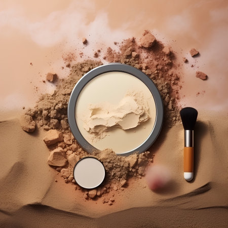 Face powder and make-up brush on sand background. Top viewの素材