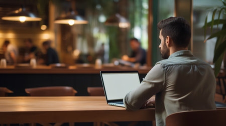 Rear view of young man using laptop while sitting at table in cafeの素材