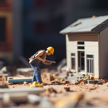 Miniature construction worker on the background of a house. Construction concept.の素材