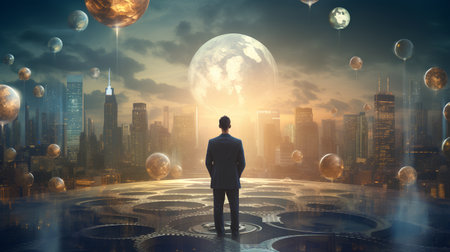 Businessman looking at the planet Earth from space. Elements of this image furnished by NASAの素材