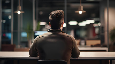Back view of young businessman sitting at desk in office and looking awayの素材