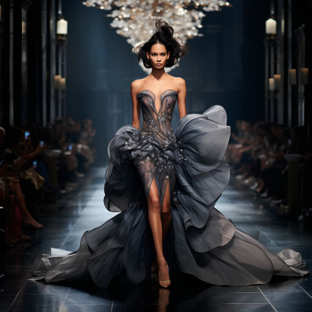 Fashion model wearing black evening dress on the catwalk in the studioの素材