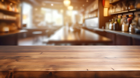 Empty wooden table and Coffee shop blur background with bokeh image.の素材