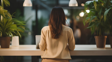 back view of young businesswoman looking away while sitting at table in officeの素材