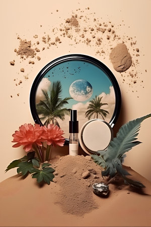Cosmetic products and palm tree on sand background. Collage.の素材