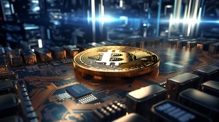 Golden bitcoin on the background of a circuit board. 3d illustrationの素材