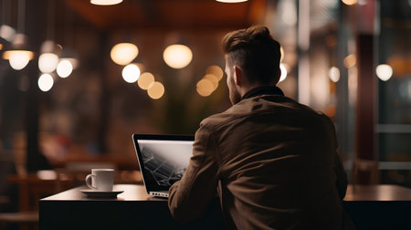 Back view of young man using laptop and drinking coffee in cafe.の素材