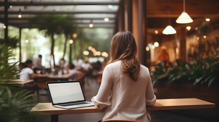 Back view of a young woman using a laptop in a coffee shopの素材