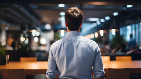 Rear view of a young businessman sitting in a coffee shop, back viewの素材