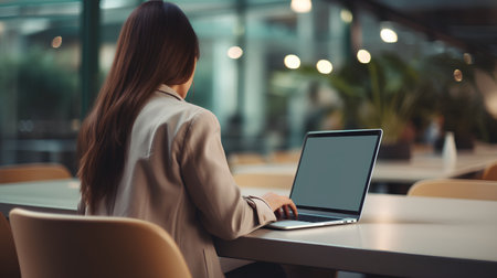 Young businesswoman using laptop in cafe. Business and technology concept.の素材