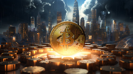 golden bitcoin on the background of the city, 3d renderingの素材