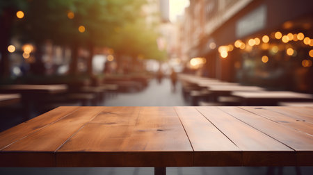 Empty wooden table and Coffee shop blur background with bokeh image.の素材