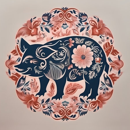Pig with floral ornament. Hand drawn illustration in retro style.の素材