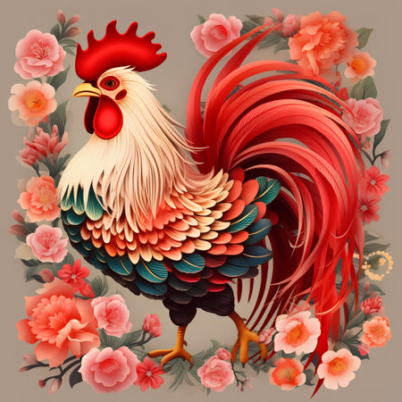 Beautiful rooster on a background of flowers. Vector illustration.の素材