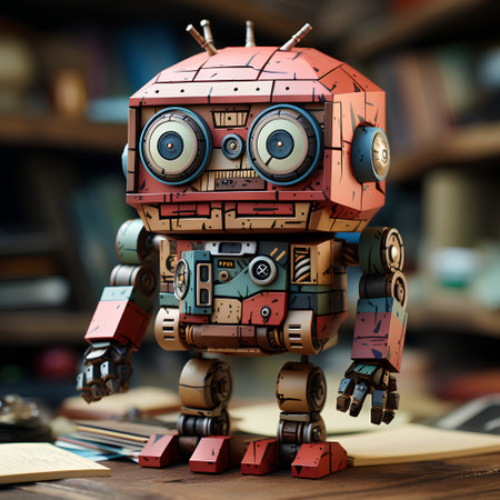 Robot on a wooden table in the library. 3d illustration.の素材