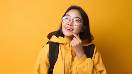 Portrait of a beautiful young asian woman wearing yellow hoodie and glassesの素材