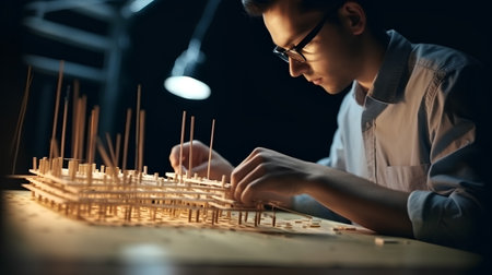 Image of young architect working with model of building on table at nightの素材
