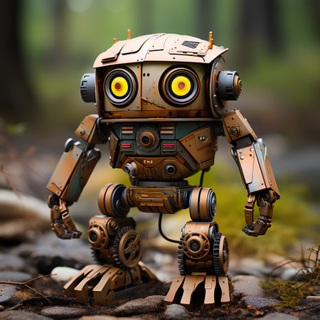 3D rendering of a retro robot in the forest on a blurred backgroundの素材