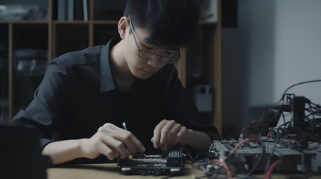 young asian man repairing computer at home, technology and electronics conceptの素材