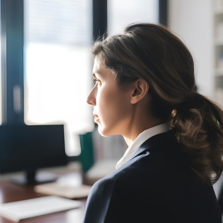 Side view of thoughtful young businesswoman looking away while standing in officeの素材