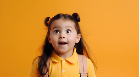Surprised little girl with a backpack on a yellow background.の素材