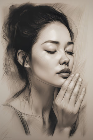 Portrait of a beautiful young asian woman with closed eyes.の素材