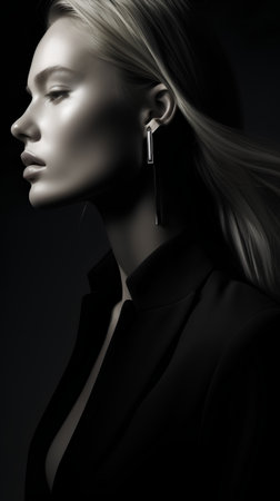 Fashion portrait of beautiful young woman with earring on black backgroundの素材