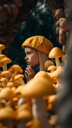Beautiful girl in a yellow beret among yellow mushrooms in the forestの素材