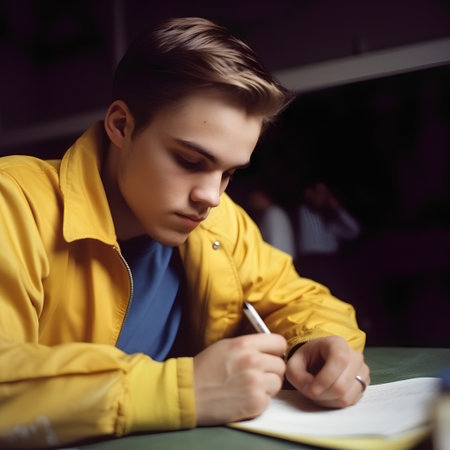 Young man in yellow jacket sitting at table and writing in notepadの素材