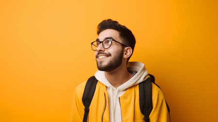 Portrait of a young man with backpack and glasses over yellow backgroundの素材