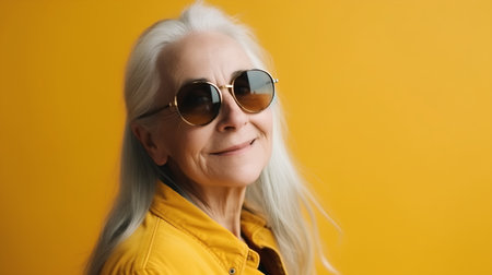 Portrait of a beautiful senior woman wearing sunglasses over yellow background.の素材