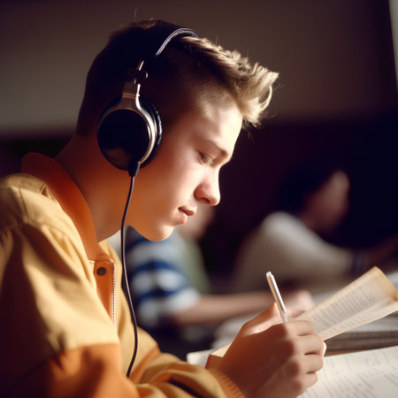 Teenage boy with headphones reading a book and writing in a notebookの素材