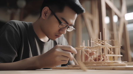 young asian craftsman working with wooden model of house in workshopの素材