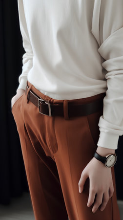 Man in a white shirt and brown trousers. Men's fashion.の素材