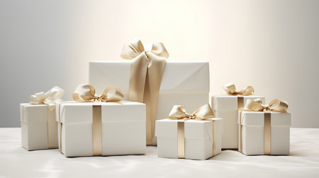 Three white gift boxes with golden ribbons on a light background.の素材