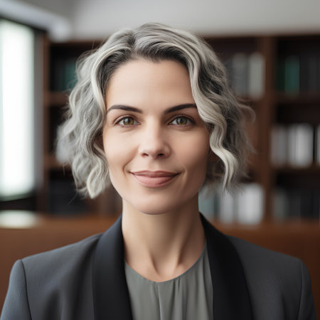 Portrait of beautiful businesswoman with grey hair looking at camera in officeの素材