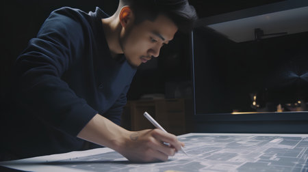 Architect working on blueprint at office desk. Architectural project.の素材