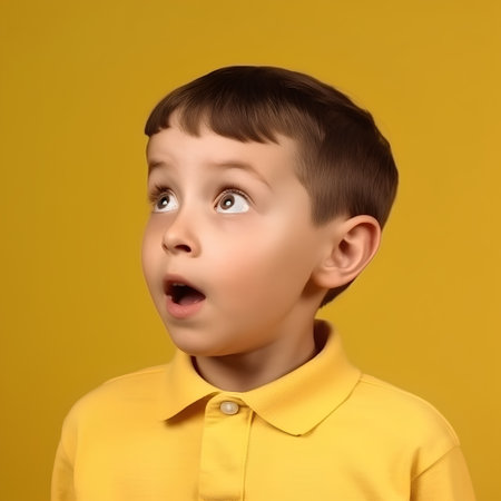 Surprised boy in yellow t-shirt on a yellow backgroundの素材