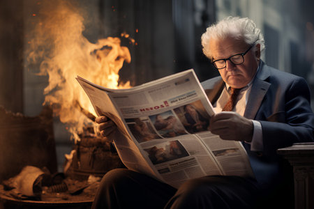 Elderly man reading a newspaper sitting in front of the fireplaceの素材