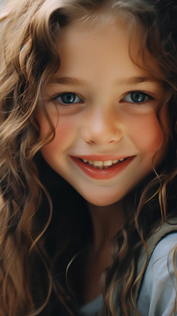 Portrait of a beautiful smiling little girl with long curly hair.の素材
