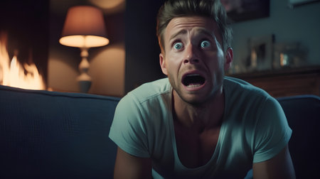 Surprised young man looking at camera while sitting on sofa at homeの素材