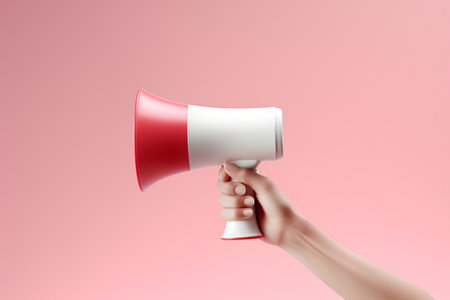 Megaphone in hand isolated on pink background. Vector illustration.の素材
